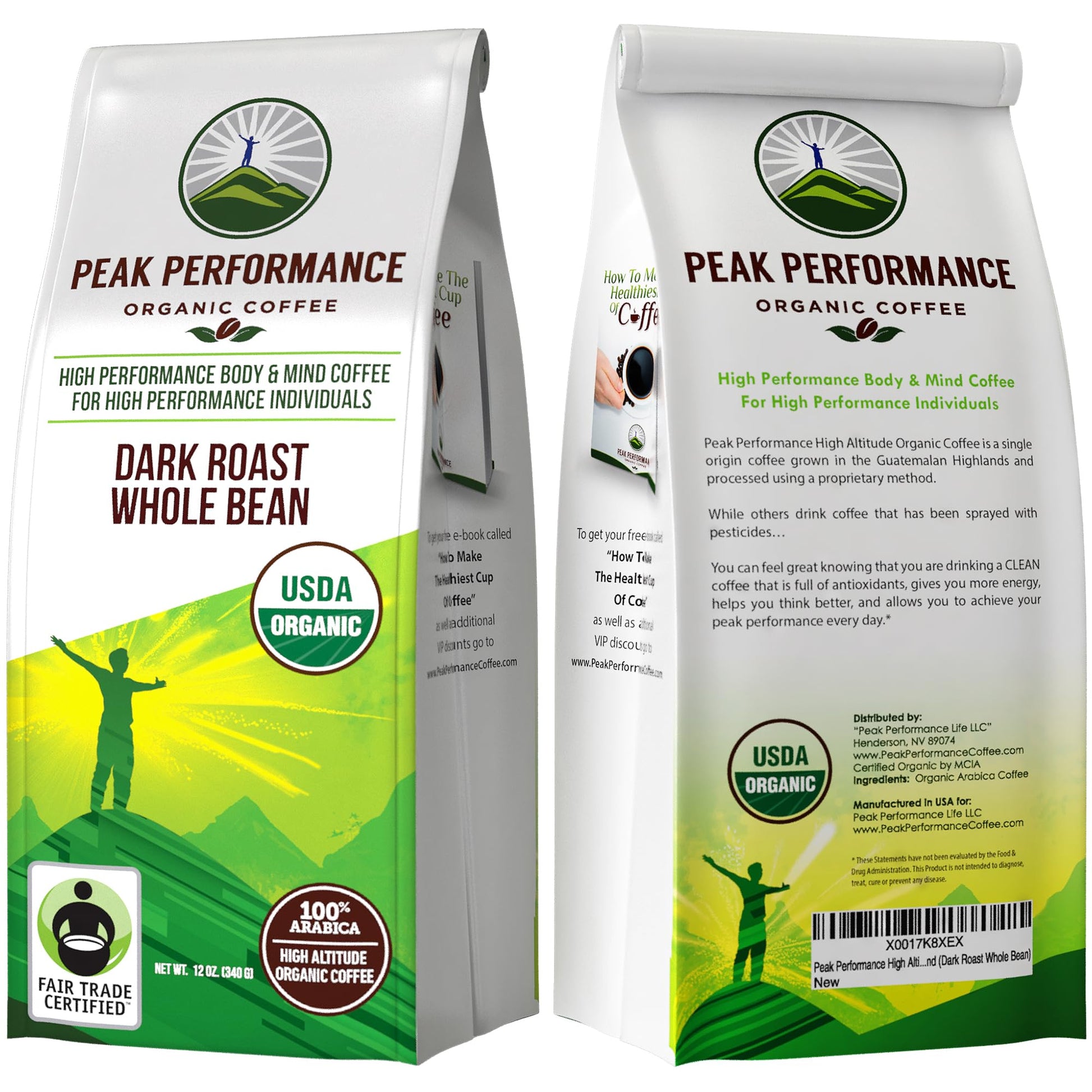 Peak Performance High Altitude Organic Coffee - Fair Trade, Low Acid, Non GMO, and Beans Full of Antioxidants - Dark Roast Smooth Tasting USDA Certified Organic Whole Bean Coffee Bag 12 oz - Maple Wellness Supplements