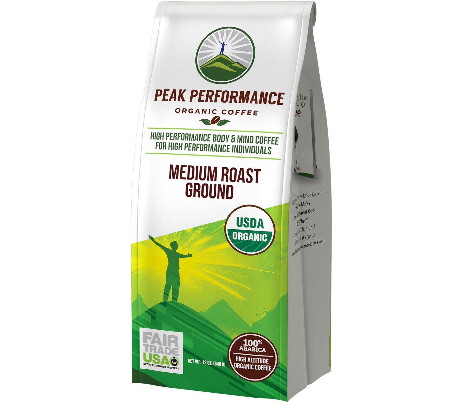 Peak Performance High Altitude Organic Coffee - Fair Trade, Low Acid, Non GMO, and Beans Full of Antioxidants - Medium Roast Smooth Tasting USDA Certified Organic Ground Coffee Bag 12 oz - Maple Wellness Supplements
