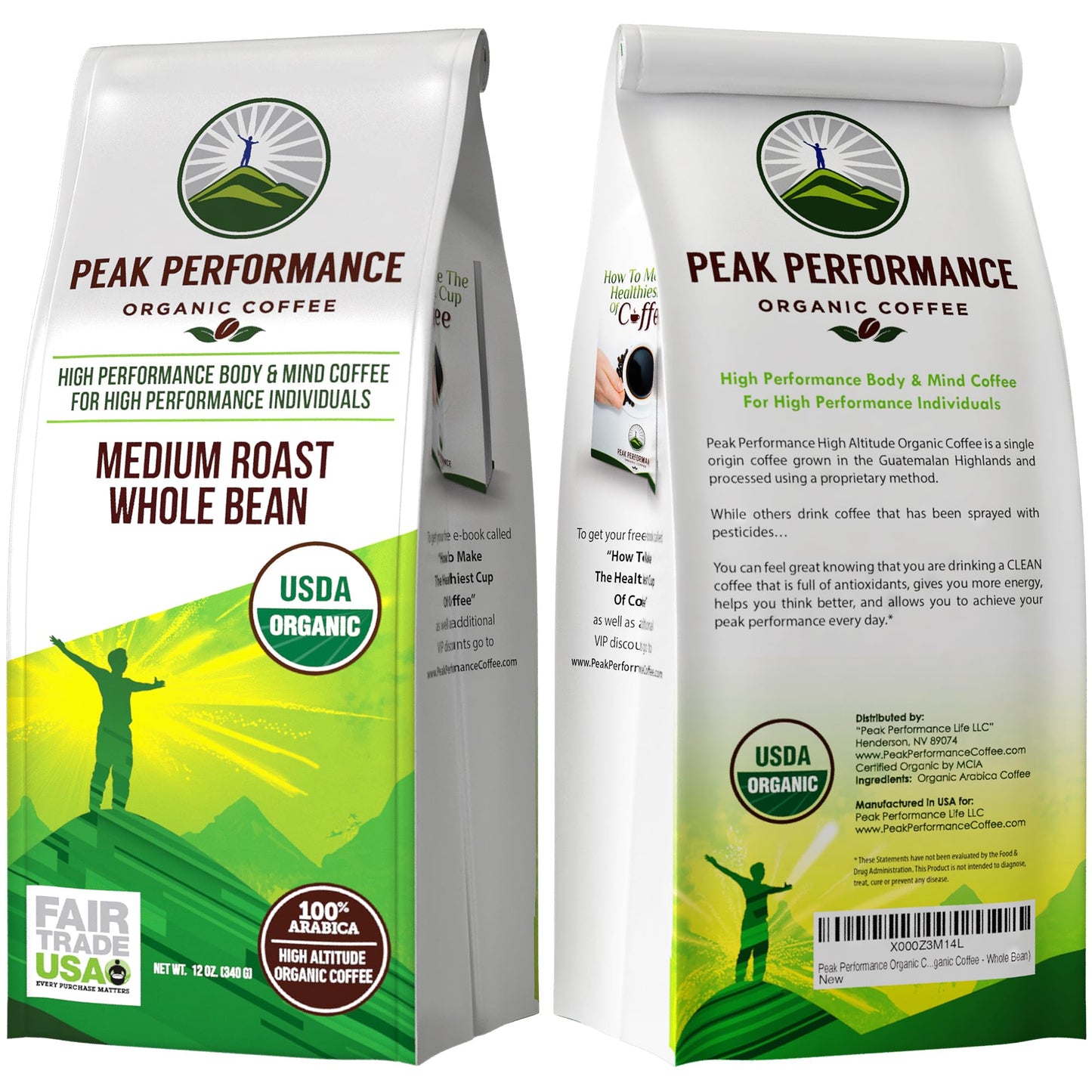 Peak Performance High Altitude Organic Coffee - Fair Trade, Low Acid, Non GMO, and Beans Full of Antioxidants - Medium Roast Smooth Tasting USDA Certified Organic Whole Bean Coffee Bag 12 oz - Maple Wellness Supplements
