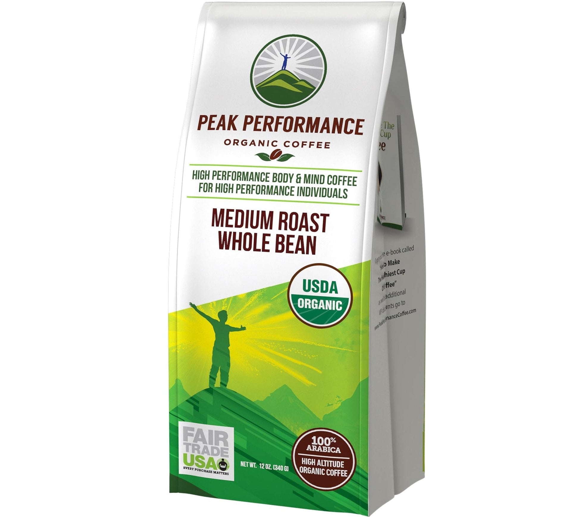 Peak Performance High Altitude Organic Coffee - Fair Trade, Low Acid, Non GMO, and Beans Full of Antioxidants - Medium Roast Smooth Tasting USDA Certified Organic Whole Bean Coffee Bag 12 oz - Maple Wellness Supplements