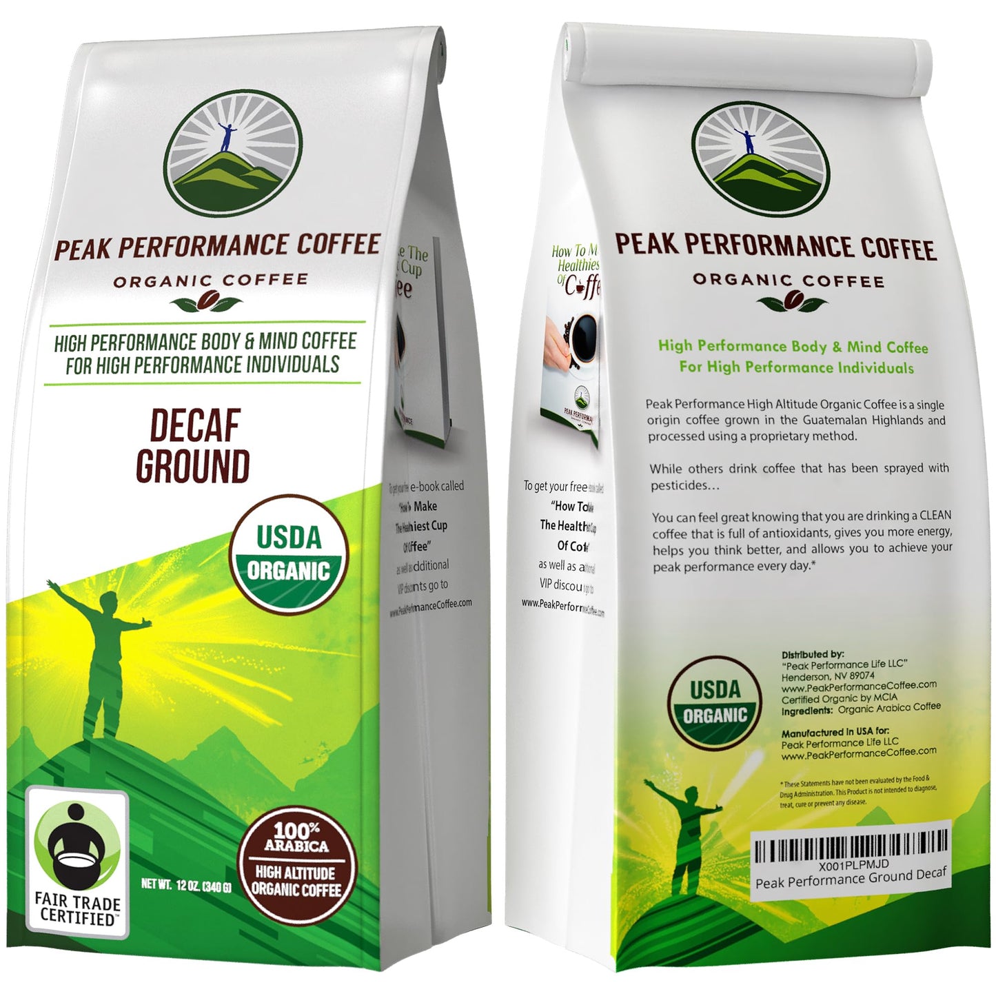 Peak Performance High Altitude Organic Decaf Coffee - Fair Trade, Low Acid, Non GMO, and Beans Full of Antioxidants - Medium Roast Smooth Tasting USDA Certified Organic Decaffeinated Ground 12 oz - Maple Wellness Supplements