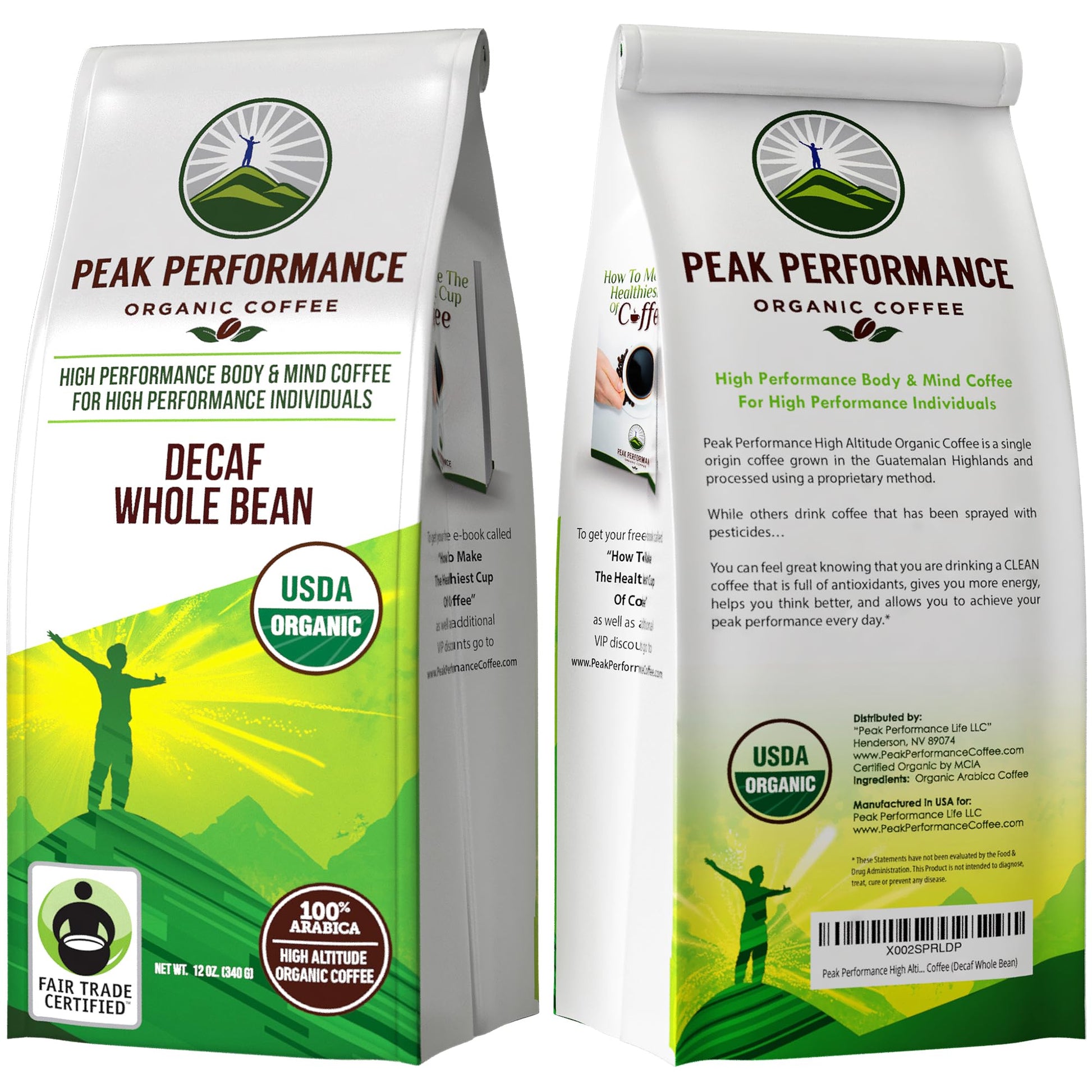 Peak Performance High Altitude Organic Decaf Coffee - Fair Trade, Low Acid, Non GMO, Beans Full of Antioxidants - Medium Roast Smooth Tasting USDA Certified Organic Decaffeinated Whole Bean 12 oz - Maple Wellness Supplements