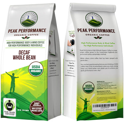 Peak Performance High Altitude Organic Decaf Coffee - Fair Trade, Low Acid, Non GMO, Beans Full of Antioxidants - Medium Roast Smooth Tasting USDA Certified Organic Decaffeinated Whole Bean 12 oz - Maple Wellness Supplements