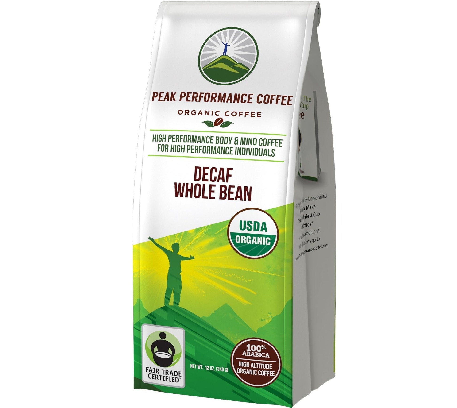 Peak Performance High Altitude Organic Decaf Coffee - Fair Trade, Low Acid, Non GMO, Beans Full of Antioxidants - Medium Roast Smooth Tasting USDA Certified Organic Decaffeinated Whole Bean 12 oz - Maple Wellness Supplements