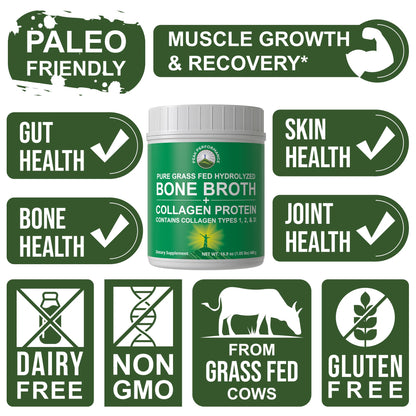 Peak Performance Hydrolyzed Bone Broth and Collagen Unflavored Protein Peptides Powder Contains All Collagen Types: 1, 2, and 3. Pure Pasture, Raised Grass Fed, Paleo Friendly, Gluten + Dairy Free - Maple Wellness Supplements