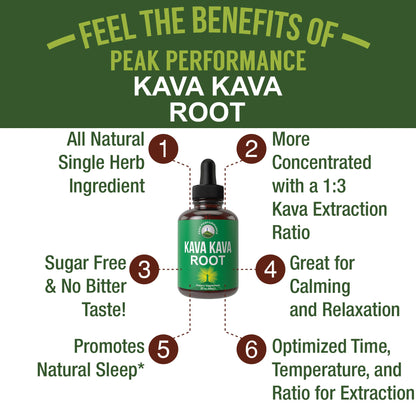 Peak Performance Kava Kava Root Extract Calming Liquid Drops More Concentrated - 1:3 Extraction Ratio. Vegan Supplement Aid for Relaxation, Natural Sleep. Sugar Free Gluten Free USA Tested Tincture - Maple Wellness Supplements