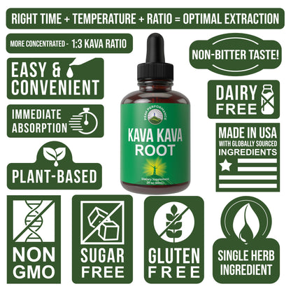 Peak Performance Kava Kava Root Extract Calming Liquid Drops More Concentrated - 1:3 Extraction Ratio. Vegan Supplement Aid for Relaxation, Natural Sleep. Sugar Free Gluten Free USA Tested Tincture - Maple Wellness Supplements