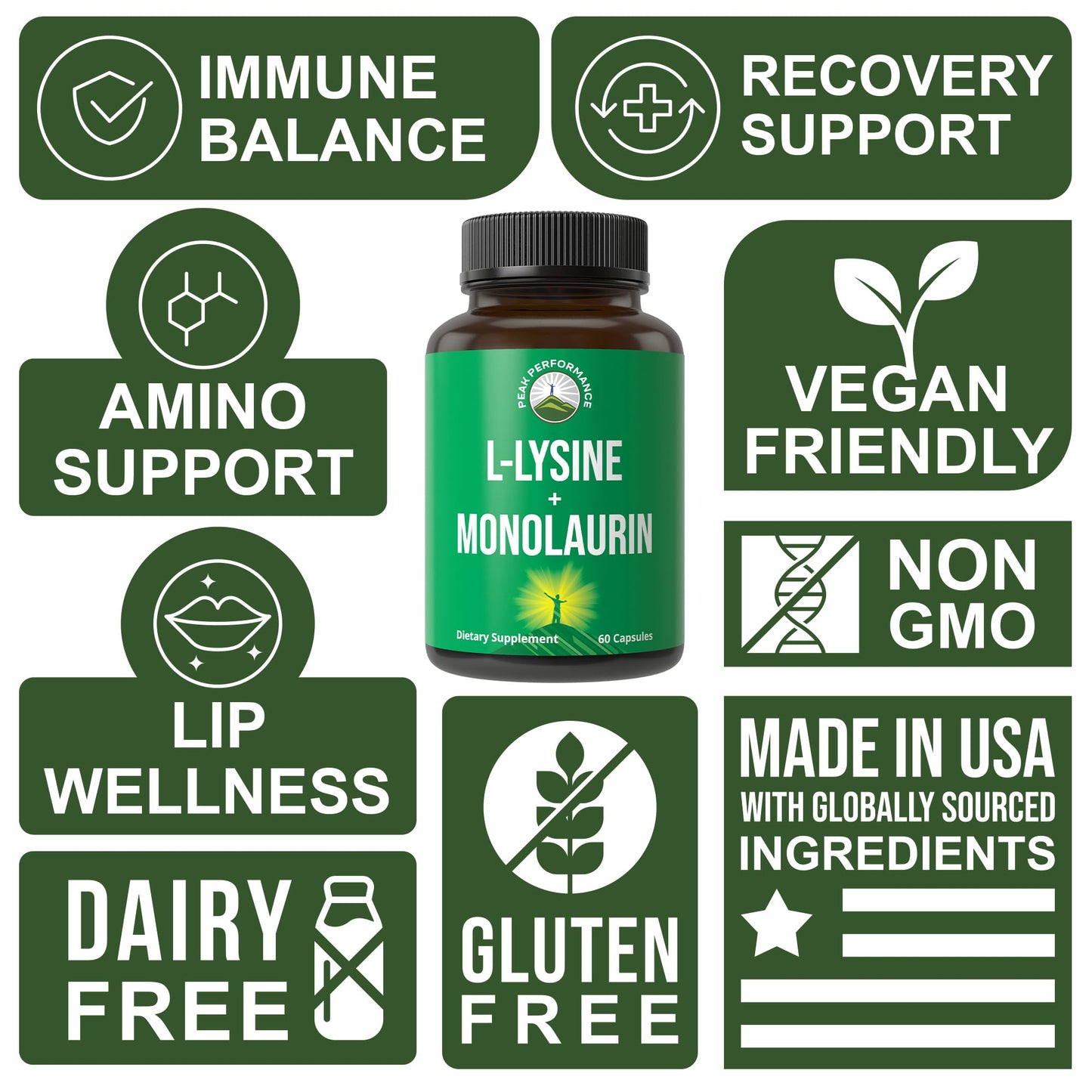 Peak Performance L Lysine 1000mg + Monolaurin 500mg High Potency Supplement for Lips, Skin, & Immune Support - L-Lysine 2-in-1 Bioavailable Supplements - Maple Wellness Supplements