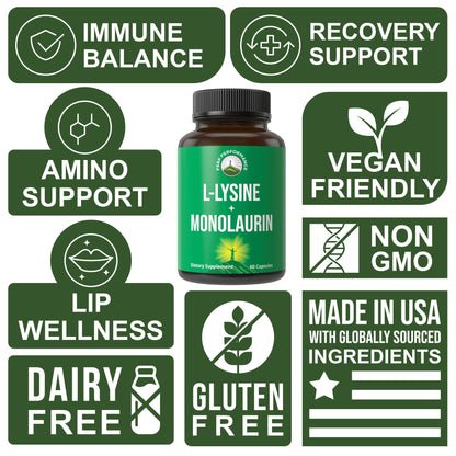 Peak Performance L Lysine 1000mg + Monolaurin 500mg High Potency Supplement for Lips, Skin, & Immune Support - L-Lysine 2-in-1 Bioavailable Supplements - Maple Wellness Supplements