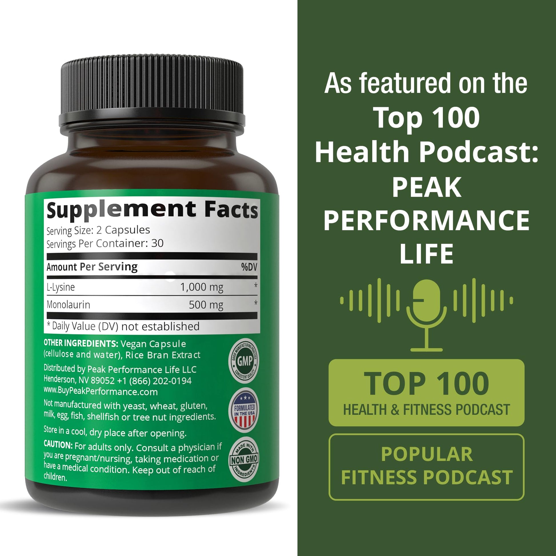 Peak Performance L Lysine 1000mg + Monolaurin 500mg High Potency Supplement for Lips, Skin, & Immune Support - L-Lysine 2-in-1 Bioavailable Supplements - Maple Wellness Supplements