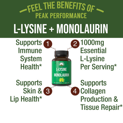 Peak Performance L Lysine 1000mg + Monolaurin 500mg High Potency Supplement for Lips, Skin, & Immune Support - L-Lysine 2-in-1 Bioavailable Supplements - Maple Wellness Supplements