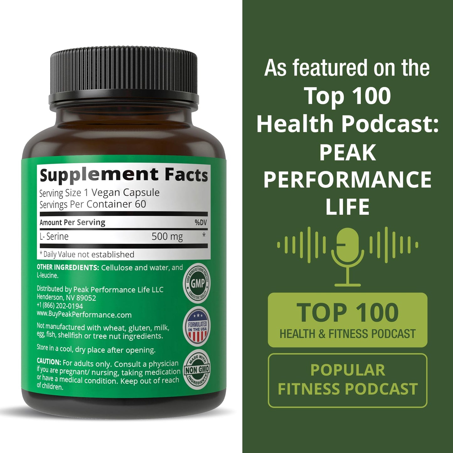 Peak Performance L-Serine Capsules 500mg Best Brain and Nootropic Amino Acids for Production of L-Cystine, L-Tryptophan and Serotonin. USA Grade L Serine Pills. Non-GMO Supplement (60 Servings) - Maple Wellness Supplements