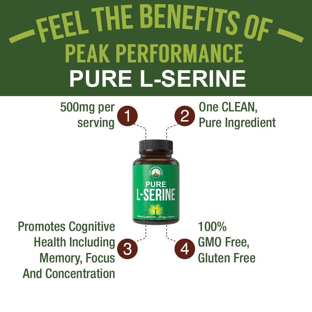 Peak Performance L-Serine Capsules 500mg Best Brain and Nootropic Amino Acids for Production of L-Cystine, L-Tryptophan and Serotonin. USA Grade L Serine Pills. Non-GMO Supplement (60 Servings) - Maple Wellness Supplements