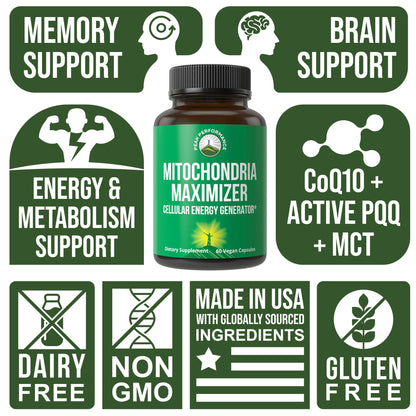 Peak Performance Mitochondria Maximizer with CoQ10 and Active PQQ. Best Mitochondrial Support Supplement with MCT Oil. Natural Cellular Generator for Clean, Energy Support. 60 Vegetarian Capsules - Maple Wellness Supplements