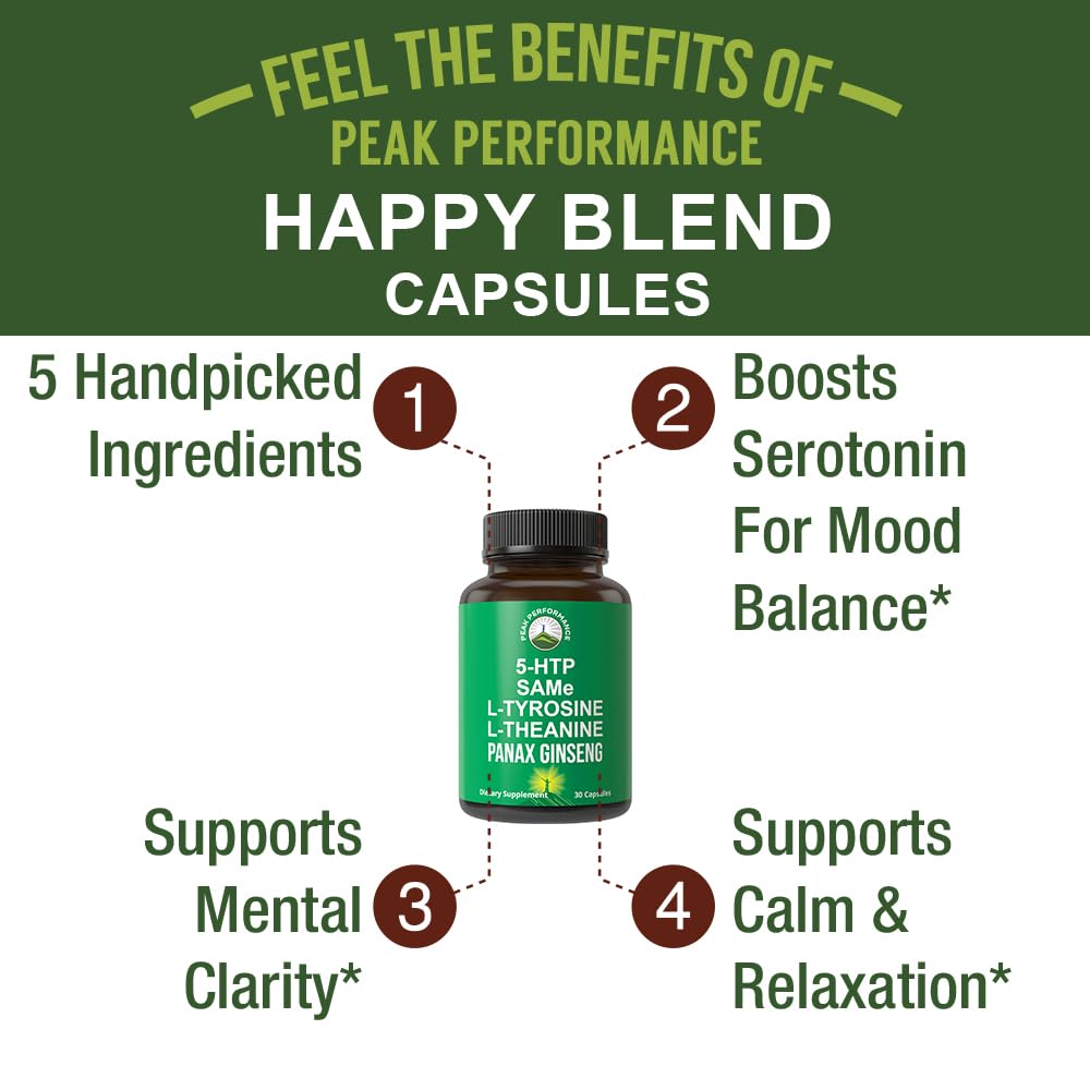 Peak Performance Mood Support Supplement with 5 Top Ingredients: 5HTP, SAM e, L Tyrosine, L Theanine, and Panax Ginseng. Calm, Focus, Relaxation Supplements. Vegan - Maple Wellness Supplements