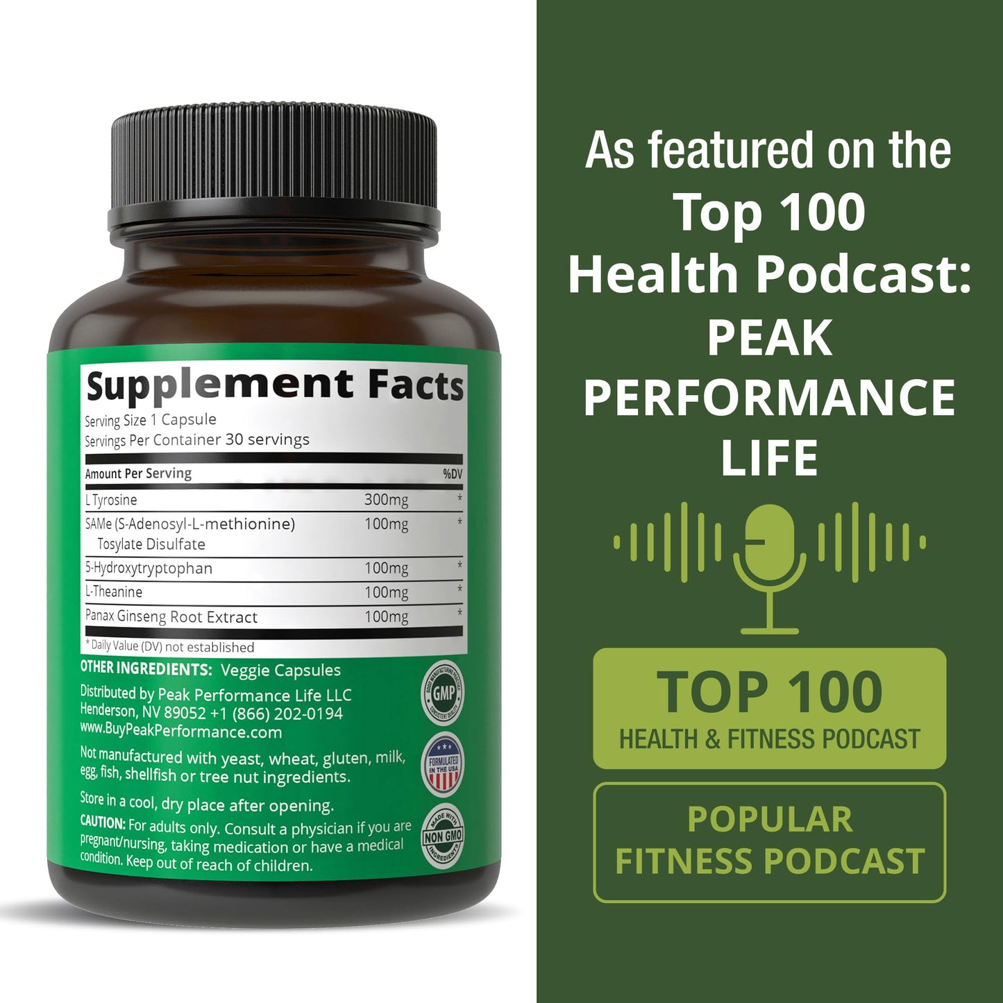 Peak Performance Mood Support Supplement with 5 Top Ingredients: 5HTP, SAM e, L Tyrosine, L Theanine, and Panax Ginseng. Calm, Focus, Relaxation Supplements. Vegan - Maple Wellness Supplements