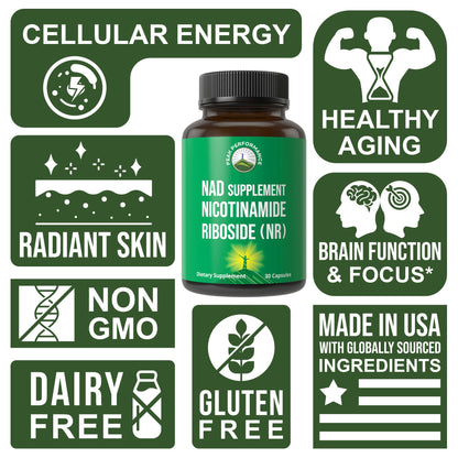 Peak Performance Nicotinamide Riboside NR Supplement Capsule. NMN Alternative NAD Supplement + Niacinamide for NAD+ Levels As We Age. 3rd Party Tested, Non-GMO, Vegan NR Vitamin for Women and Men - Maple Wellness Supplements