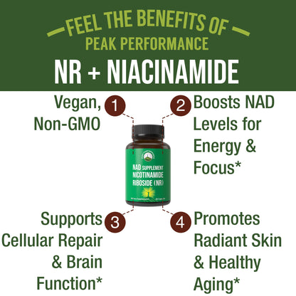 Peak Performance Nicotinamide Riboside NR Supplement Capsule. NMN Alternative NAD Supplement + Niacinamide for NAD+ Levels As We Age. 3rd Party Tested, Non-GMO, Vegan NR Vitamin for Women and Men - Maple Wellness Supplements
