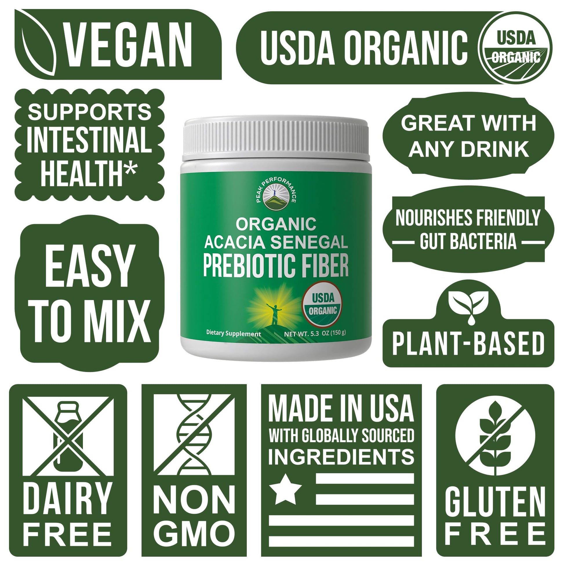 Peak Performance Organic Acacia Senegal Prebiotic Fiber Powder. Unflavored USDA Organic Plant Based Soluble Vegan Prebiotics Gut Health Supplement with Digestive Enzymes - Maple Wellness Supplements