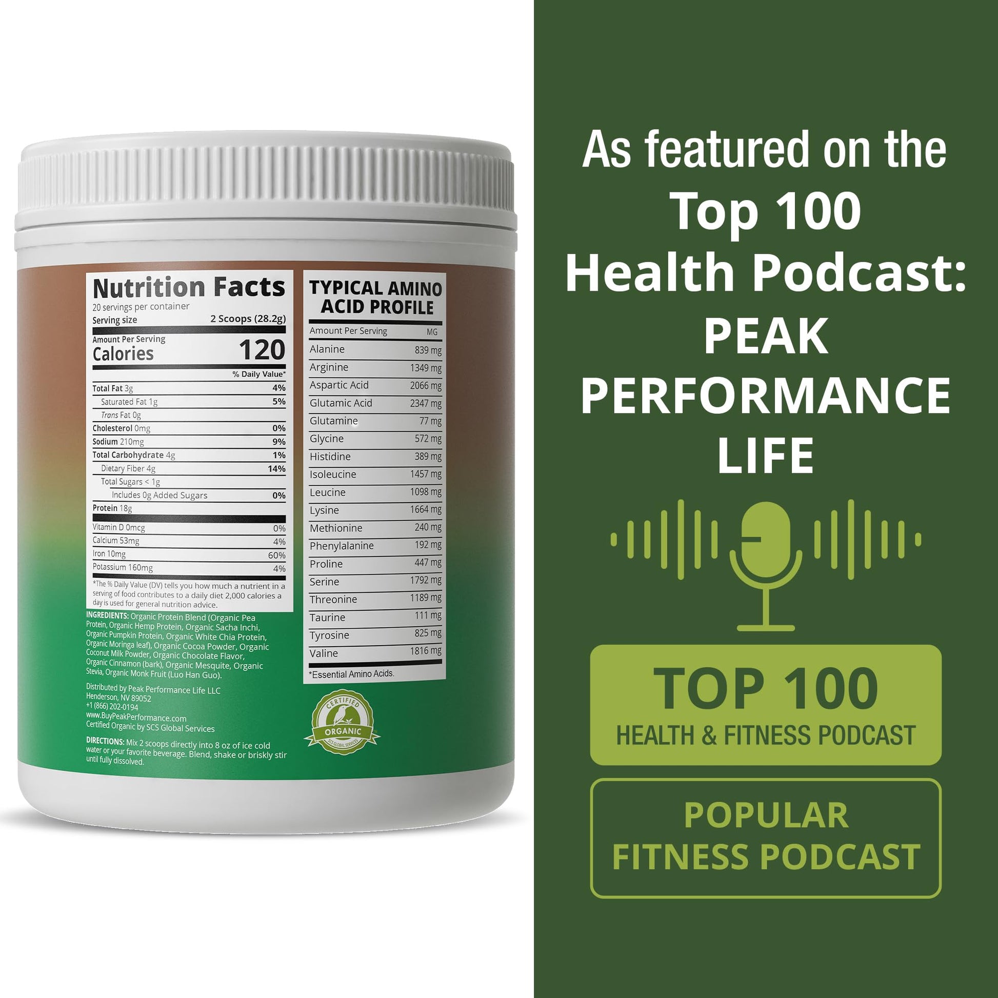 Peak Performance Organic Paleo Grain Free Plant Based Raw Vegan Protein Powder. Amazing Amino Acid Profile and Less Than 1g of Sugar. with Hemp and Pea Protein Chocolate Flavored - Maple Wellness Supplements
