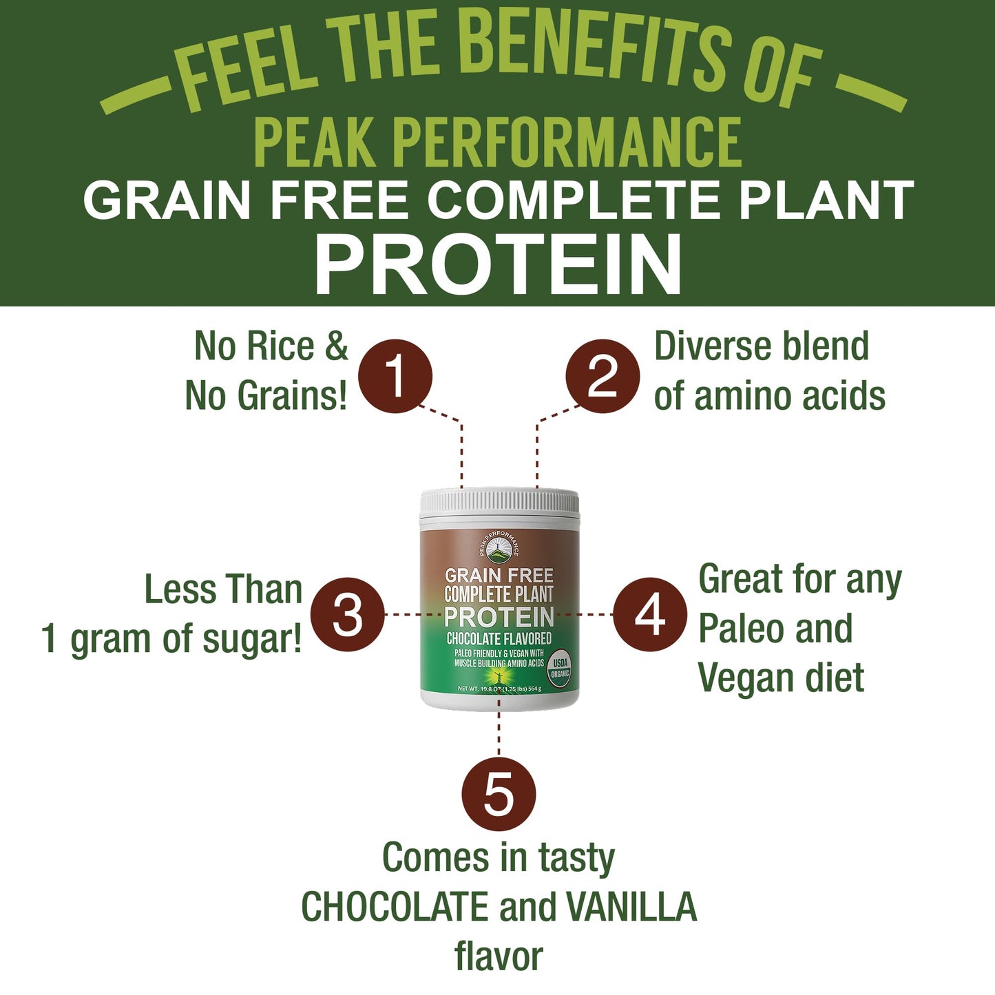 Peak Performance Organic Paleo Grain Free Plant Based Raw Vegan Protein Powder. Amazing Amino Acid Profile and Less Than 1g of Sugar. with Hemp and Pea Protein Chocolate Flavored - Maple Wellness Supplements