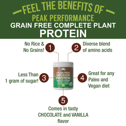 Peak Performance Organic Paleo Grain Free Plant Based Raw Vegan Protein Powder. Amazing Amino Acid Profile and Less Than 1g of Sugar. with Hemp and Pea Protein Chocolate Flavored - Maple Wellness Supplements