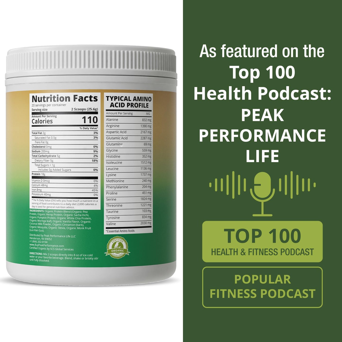 Peak Performance Organic Paleo Grain Free Plant Based Raw Vegan Protein Powder. Amazing Amino Acid Profile and Less Than 1g of Sugar. with Hemp and Pea Protein Vanilla Flavored - Maple Wellness Supplements