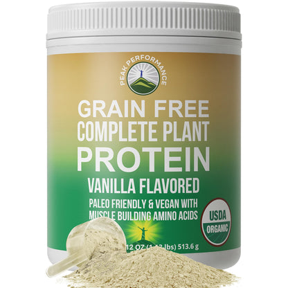 Peak Performance Organic Paleo Grain Free Plant Based Raw Vegan Protein Powder. Amazing Amino Acid Profile and Less Than 1g of Sugar. with Hemp and Pea Protein Vanilla Flavored - Maple Wellness Supplements