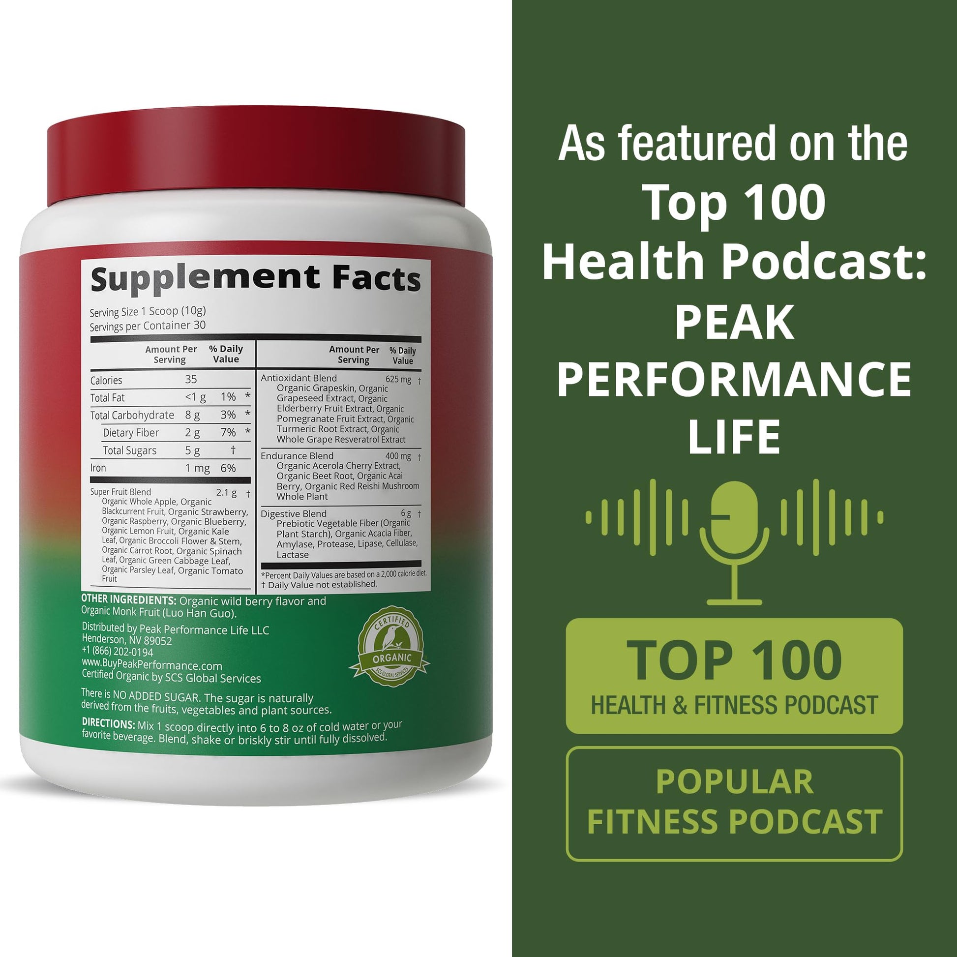 Peak Performance Organic Reds Superfood Powder, Best Tasting Organic Red Juice Super Food w/ 25+ All Natural Ingredients & Polyphenols, Vital for Max Energy and Detox. Raspberry, Elderberry, Beetroot - Maple Wellness Supplements