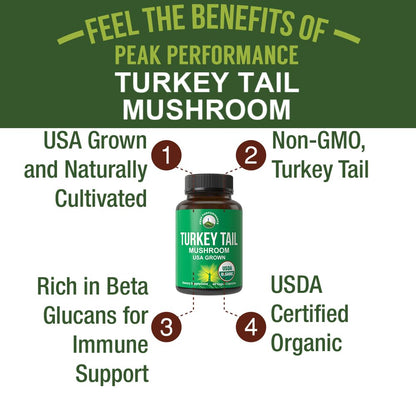 Peak Performance Organic Turkey Tail Capsules - USA Grown Made with Real Turkey Tail Mushroom. Immune System Support Naturally Harvested Mushroom Supplements for Immunity. Vegan Supplement Extract - Maple Wellness Supplements