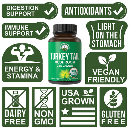 Peak Performance Organic Turkey Tail Capsules - USA Grown Made with Real Turkey Tail Mushroom. Immune System Support Naturally Harvested Mushroom Supplements for Immunity. Vegan Supplement Extract - Maple Wellness Supplements