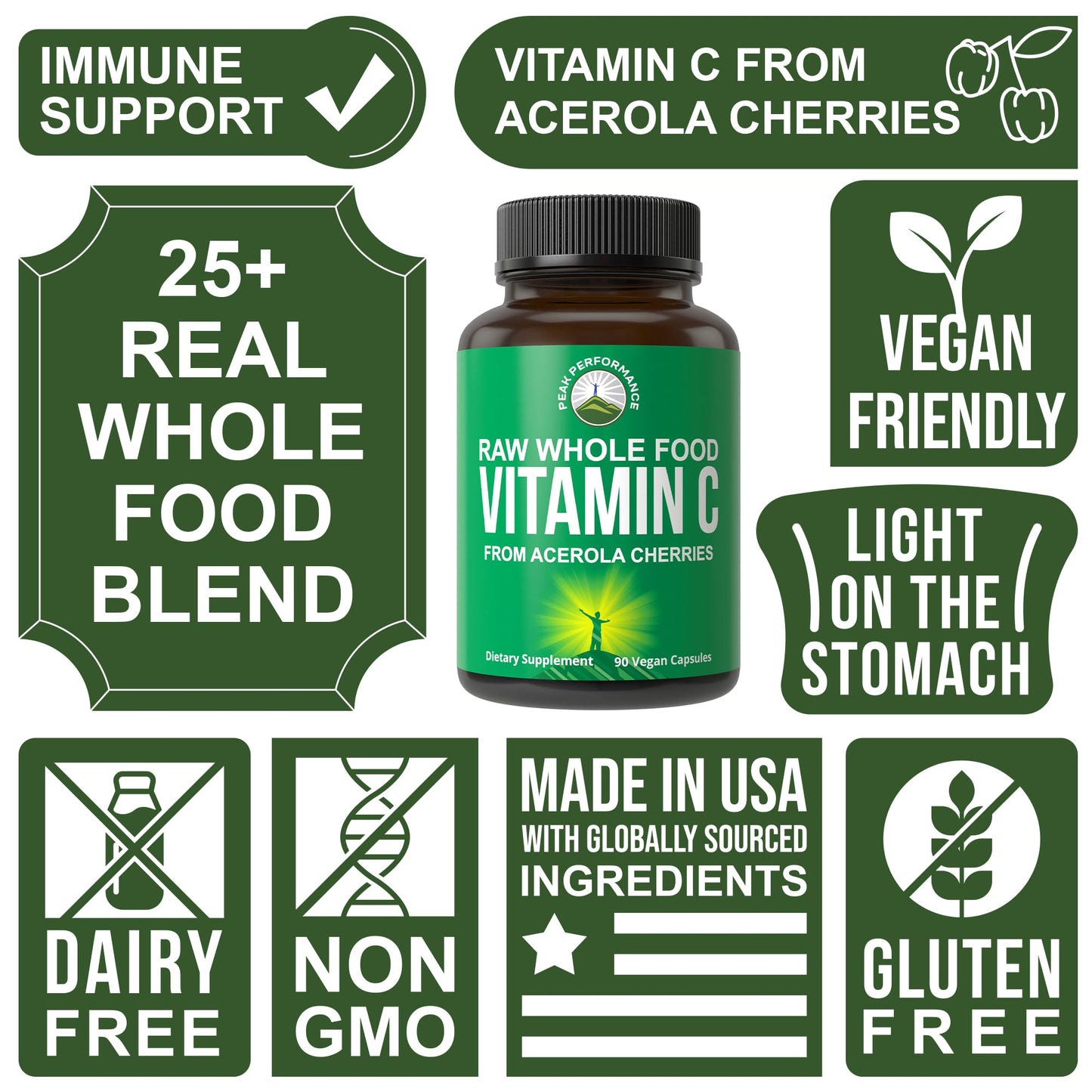 Peak Performance Raw Whole Food Natural Vitamin C Capsules from Acerola Cherry for Max Absorption. Vegan USA Sourced Vitamin C Supplement 90 Pills. 500 mg Serving or 2 Servings 1000mg - Maple Wellness Supplements