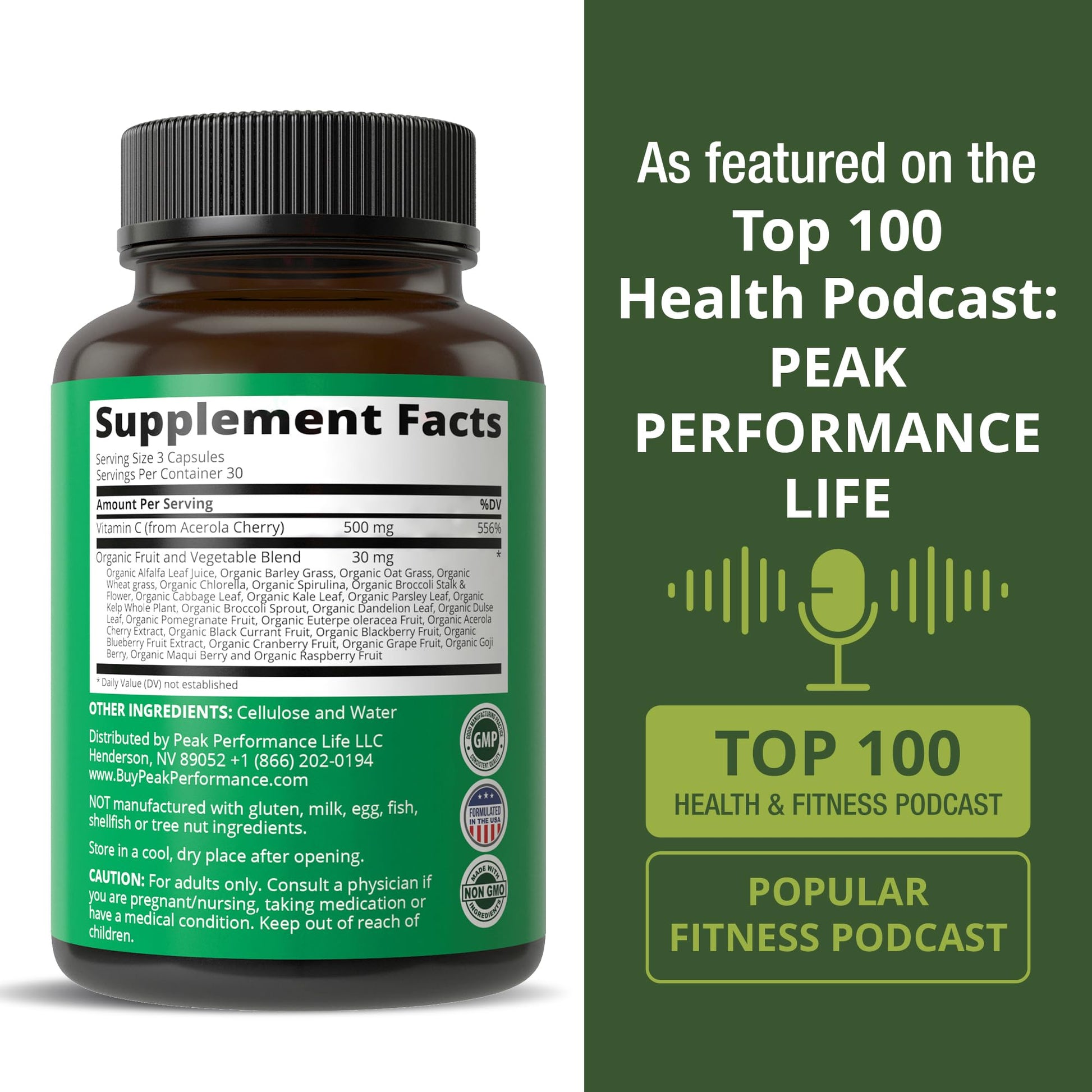 Peak Performance Raw Whole Food Natural Vitamin C Capsules from Acerola Cherry for Max Absorption. Vegan USA Sourced Vitamin C Supplement 90 Pills. 500 mg Serving or 2 Servings 1000mg - Maple Wellness Supplements