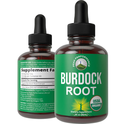 Peak Performance USDA Organic Burdock Root Liquid Drops Supplement. Vegan Extract Tincture for Women and Men. Organic Burdock Root Oil Herb. Zero Sugar, Gluten Free Supplements - Maple Wellness Supplements