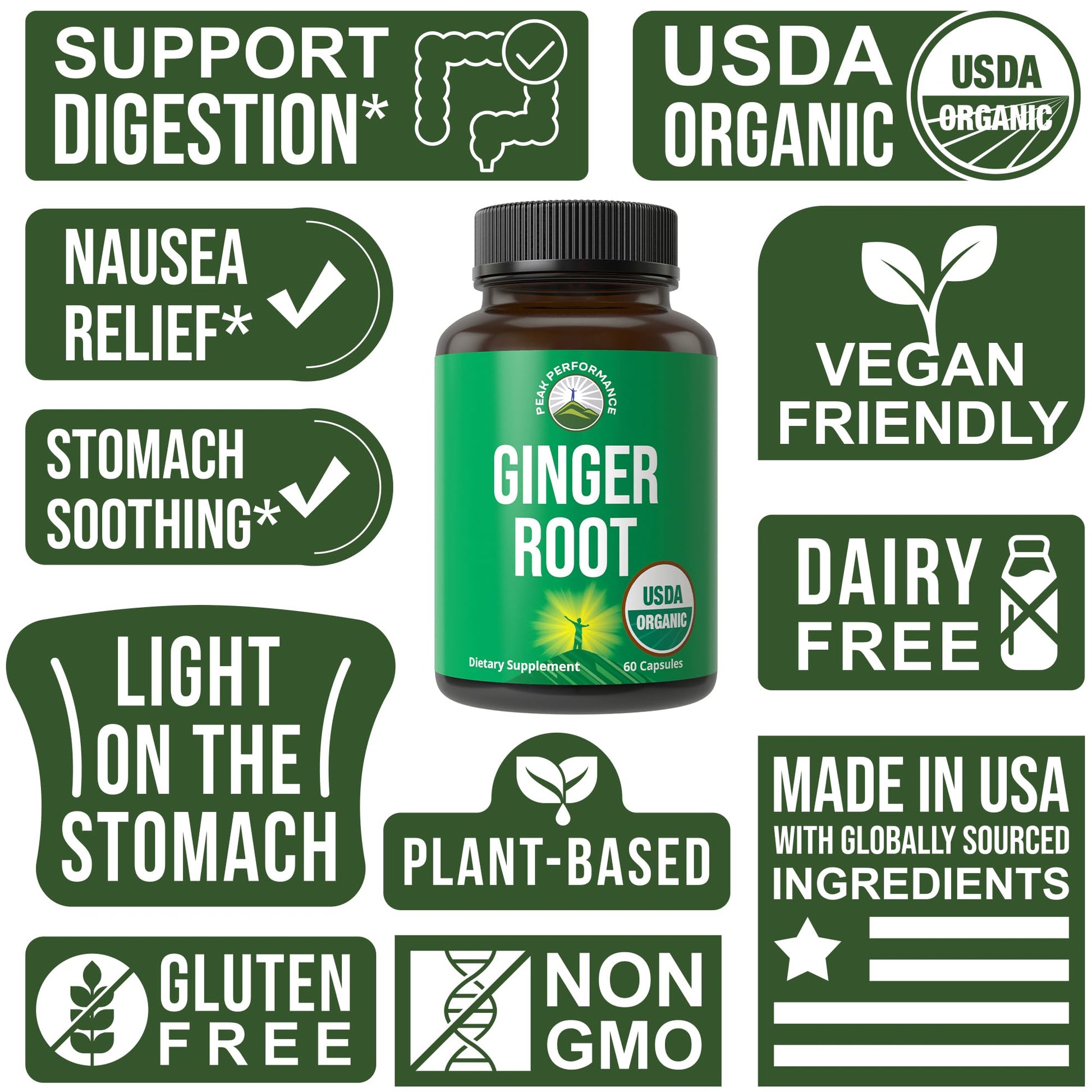 Peak Performance USDA Organic Ginger Root Capsules. Vegan Ginger Pills Supplement for Women & Men to Support Digestion, Occasional Nausea Relief, Gas & Bloat Support, and Gentle Stomach Comfort - Maple Wellness Supplements