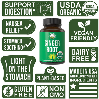 Peak Performance USDA Organic Ginger Root Capsules. Vegan Ginger Pills Supplement for Women & Men to Support Digestion, Occasional Nausea Relief, Gas & Bloat Support, and Gentle Stomach Comfort - Maple Wellness Supplements