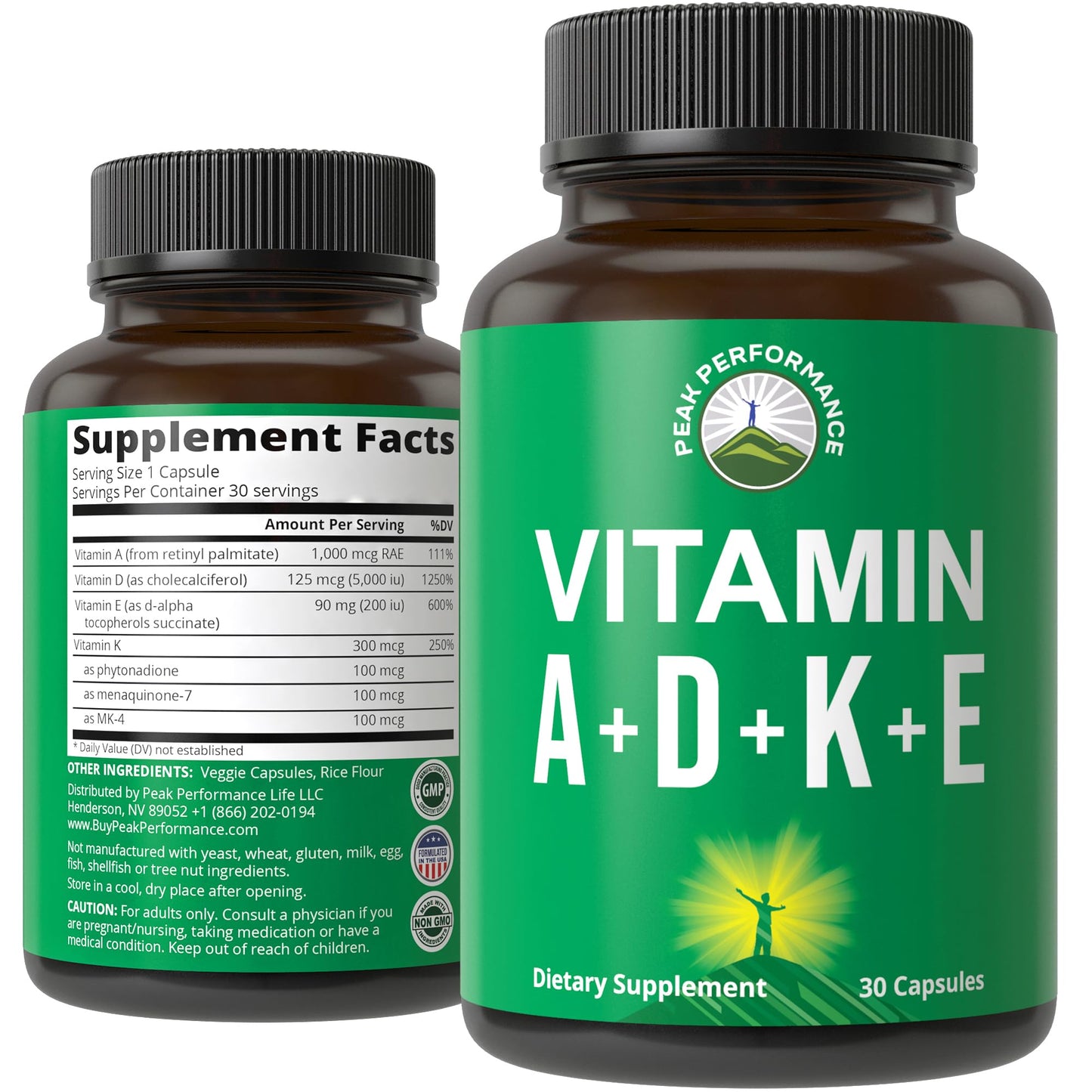 Peak Performance Vitamins D 5,000 iu + A + K + E All in 1 Easy to Swallow Vegan Capsule. ADK Vitamin Supplement with E D3 K2. Essential Vitamins for Mood - Maple Wellness Supplements