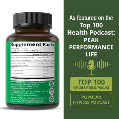 Peak Performance Vitamins D 5,000 iu + A + K + E All in 1 Easy to Swallow Vegan Capsule. ADK Vitamin Supplement with E D3 K2. Essential Vitamins for Mood - Maple Wellness Supplements