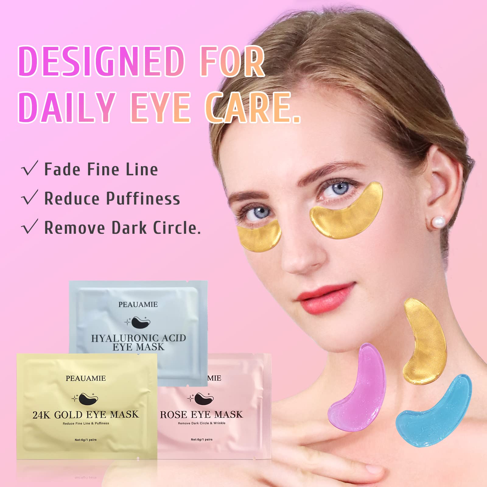 PEAUAMIE Under Eye Patches Gold and Hyaluronic Acid for puffy eyes,Rose Eye Masks - Maple Wellness Supplements