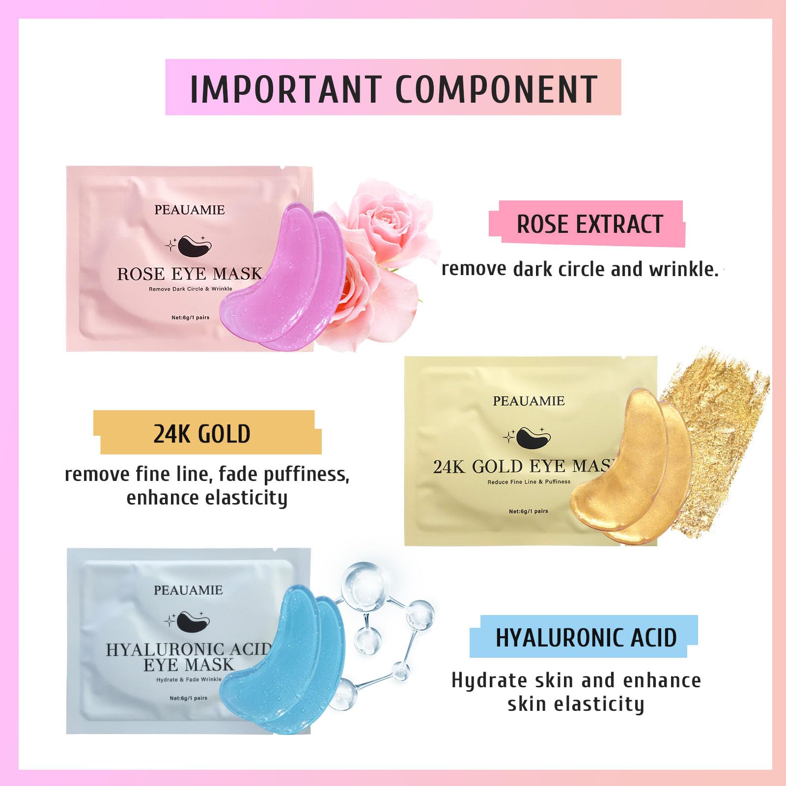 PEAUAMIE Under Eye Patches Gold and Hyaluronic Acid for puffy eyes,Rose Eye Masks - Maple Wellness Supplements