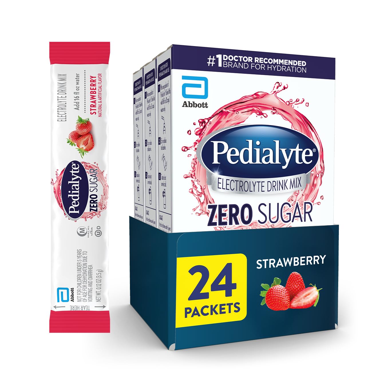 Pedialyte Electrolyte Drink Mix With Zero Sugar | Hydration With Key Electrolytes | Great Hydration Low in Calories | Strawberry, 24 Powder Packets - Maple Wellness Supplements