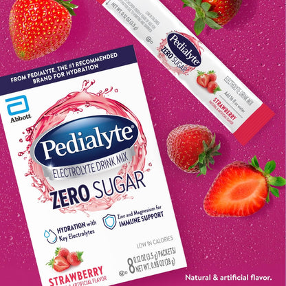 Pedialyte Electrolyte Drink Mix With Zero Sugar | Hydration With Key Electrolytes | Great Hydration Low in Calories | Strawberry, 24 Powder Packets - Maple Wellness Supplements