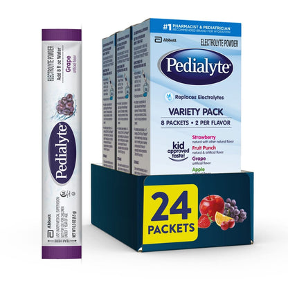 Pedialyte Electrolyte Powder, Hydration Drink for Kids & Adults, Variety Pack: Strawberry, Fruit Punch, Grape, and Apple, 24 Powder Packets - Maple Wellness Supplements