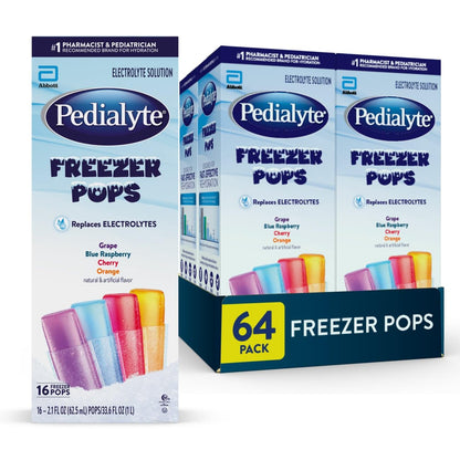 Pedialyte Electrolyte Solution Freezer Pops, Hydration Variety Pack— Grape, Blue Raspberry, Cherry, Orange, Pack of 64 - Maple Wellness Supplements