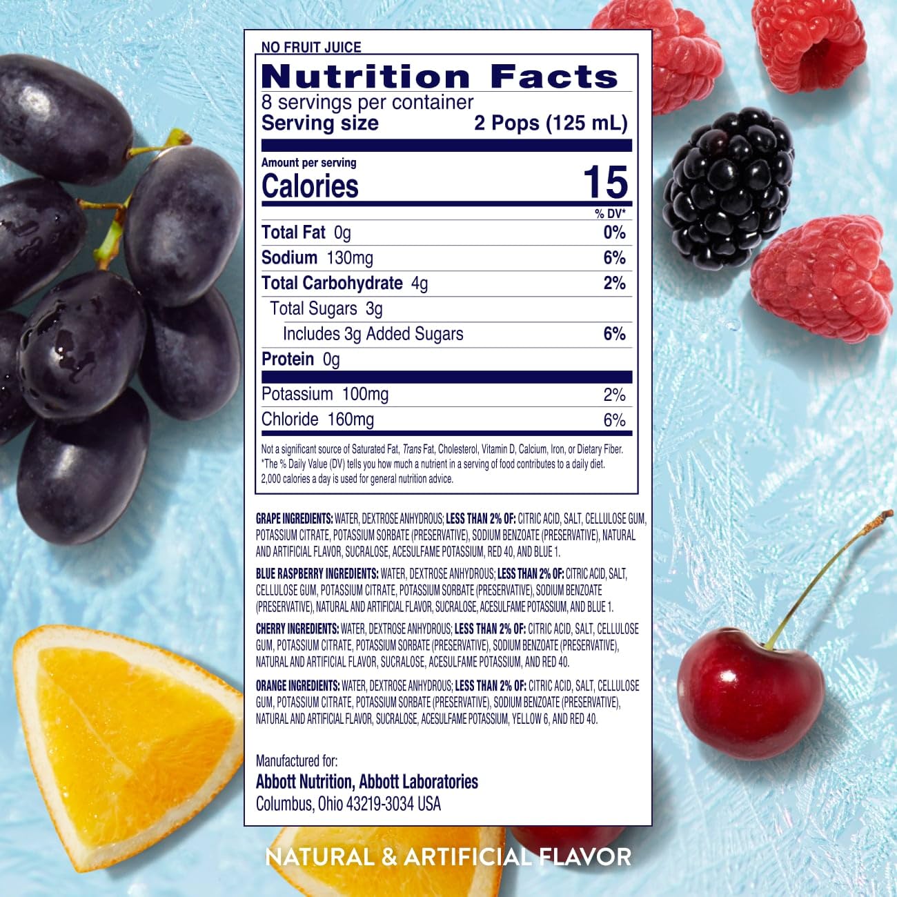 Pedialyte Electrolyte Solution Freezer Pops, Hydration Variety Pack— Grape, Blue Raspberry, Cherry, Orange, Pack of 64 - Maple Wellness Supplements