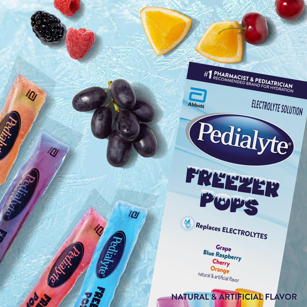Pedialyte Electrolyte Solution Freezer Pops, Hydration Variety Pack— Grape, Blue Raspberry, Cherry, Orange, Pack of 64 - Maple Wellness Supplements