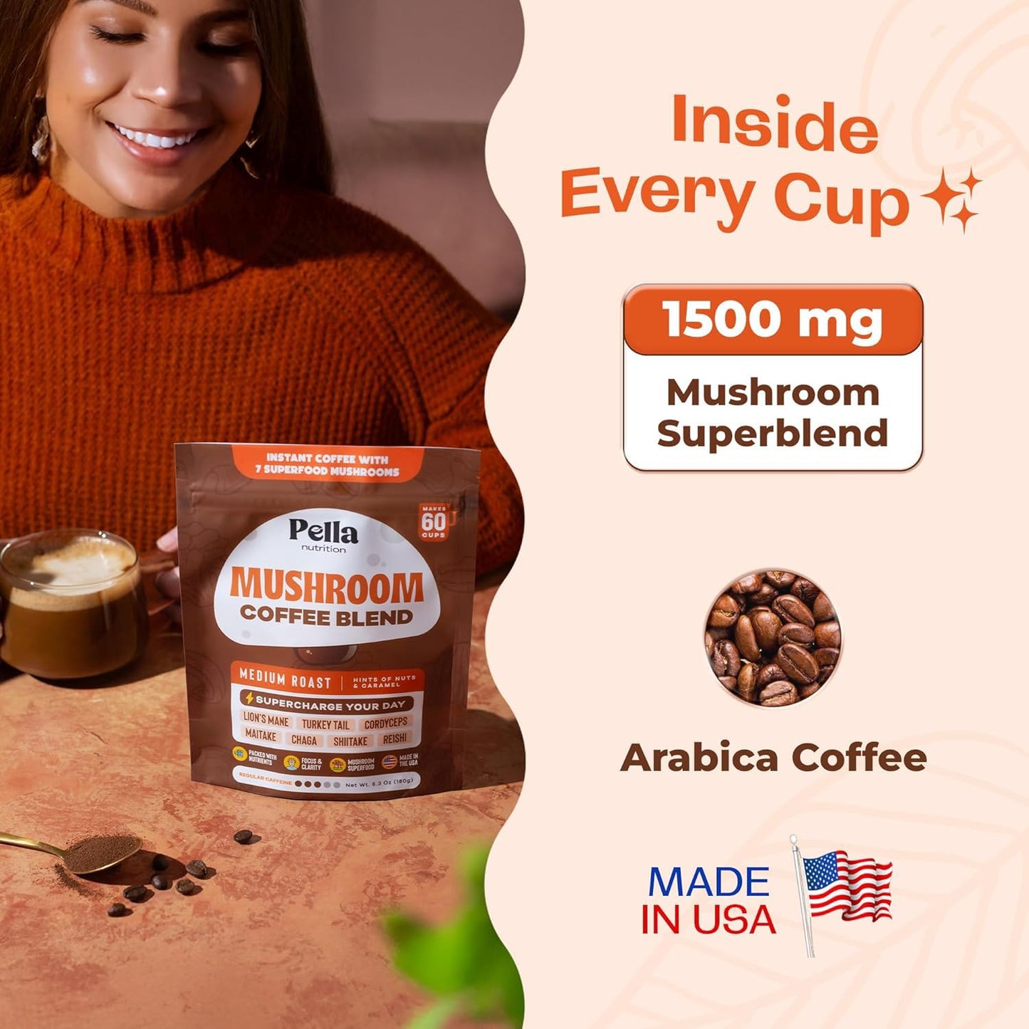Pella Nutrition Mushroom Coffee – Lions Mane, Reishi, Chaga, Cordyceps, Shiitake, Maitake, and Turkey Tail Mushroom Supplement – Superfood Instant - Maple Wellness Supplements