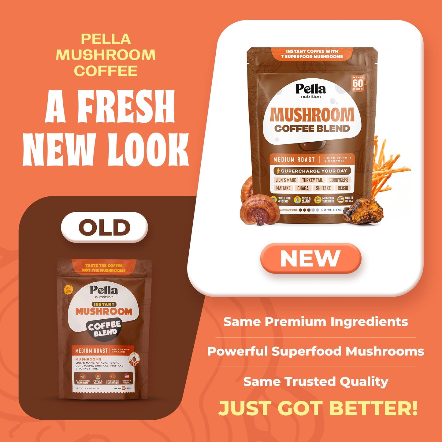 Pella Nutrition Mushroom Coffee – Lions Mane, Reishi, Chaga, Cordyceps, Shiitake, Maitake, and Turkey Tail Mushroom Supplement – Superfood Instant - Maple Wellness Supplements