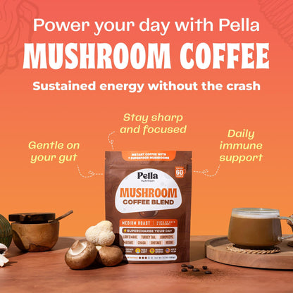 Pella Nutrition Mushroom Coffee – Lions Mane, Reishi, Chaga, Cordyceps, Shiitake, Maitake, and Turkey Tail Mushroom Supplement – Superfood Instant - Maple Wellness Supplements