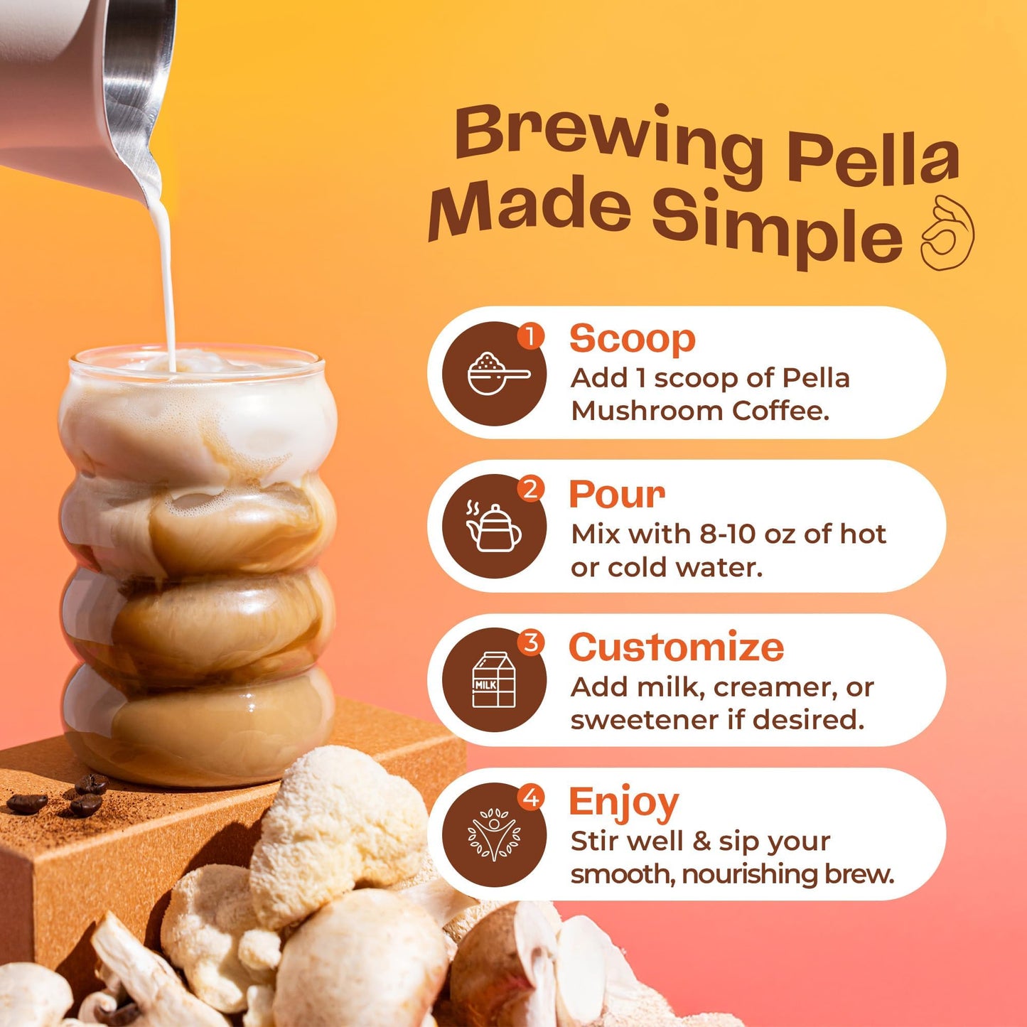 Pella Nutrition Mushroom Coffee – Lions Mane, Reishi, Chaga, Cordyceps, Shiitake, Maitake, and Turkey Tail Mushroom Supplement – Superfood Instant - Maple Wellness Supplements